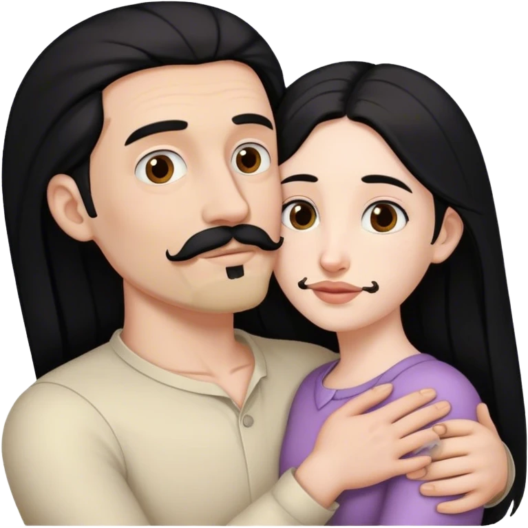 Tall pale man with brown mustache and goatee hugging small pale woman long black hair emoji