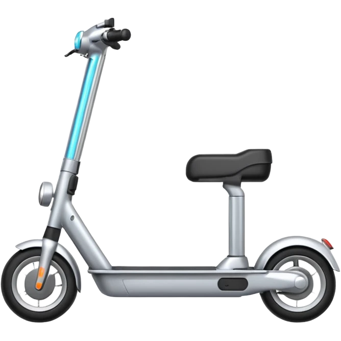 A futuristic electric scooter emoji made of silver chrome, sleek minimal frame, smooth metallic surface, subtle reflections, modern urban design, iOS emoji style, centered, clean white background emoji