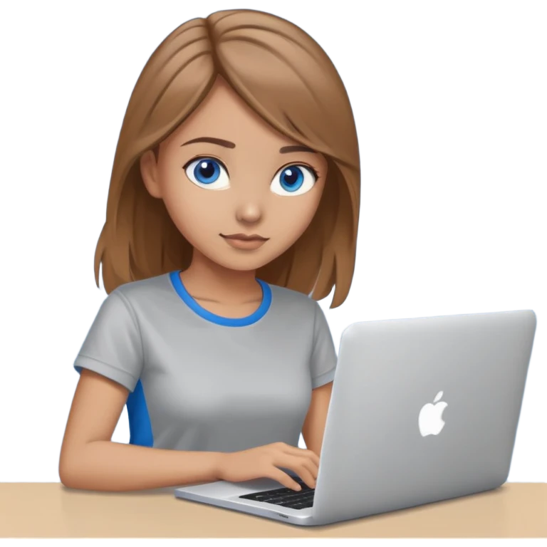 Beautiful programmer girl with long light brown hair and blue eyes working with MacBook. Wearing a grey coder t-shirt emoji