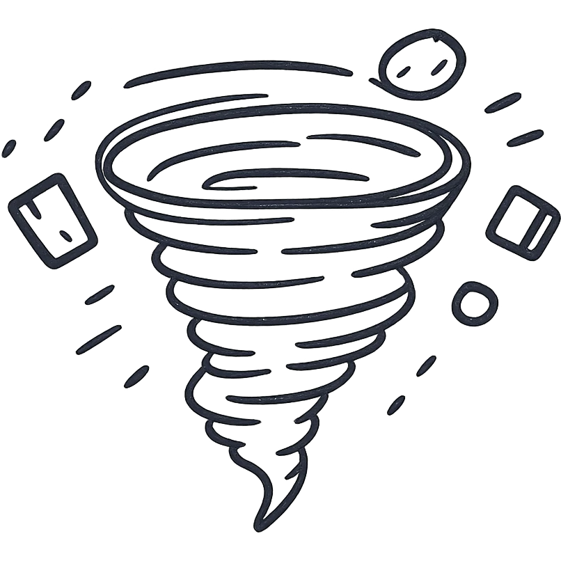 tornado with flying debris, hand drawn black outline icon, no fill, minimalistic emoji