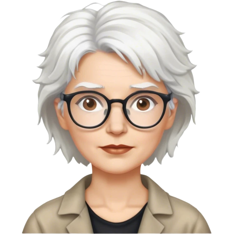 White woman anthropologist with messy cropped white hair with glasses brown brows emoji