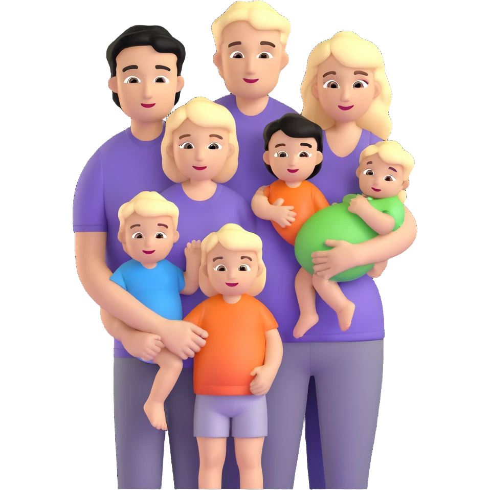 family with blond dad, brunette mom, blonde son, daughter with black hair, and a baby emoji