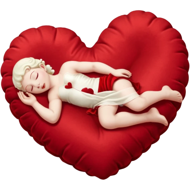 A lifelike photograph shows a pale Cupid sleeping on a giant, soft, heart-shaped cushion. emoji