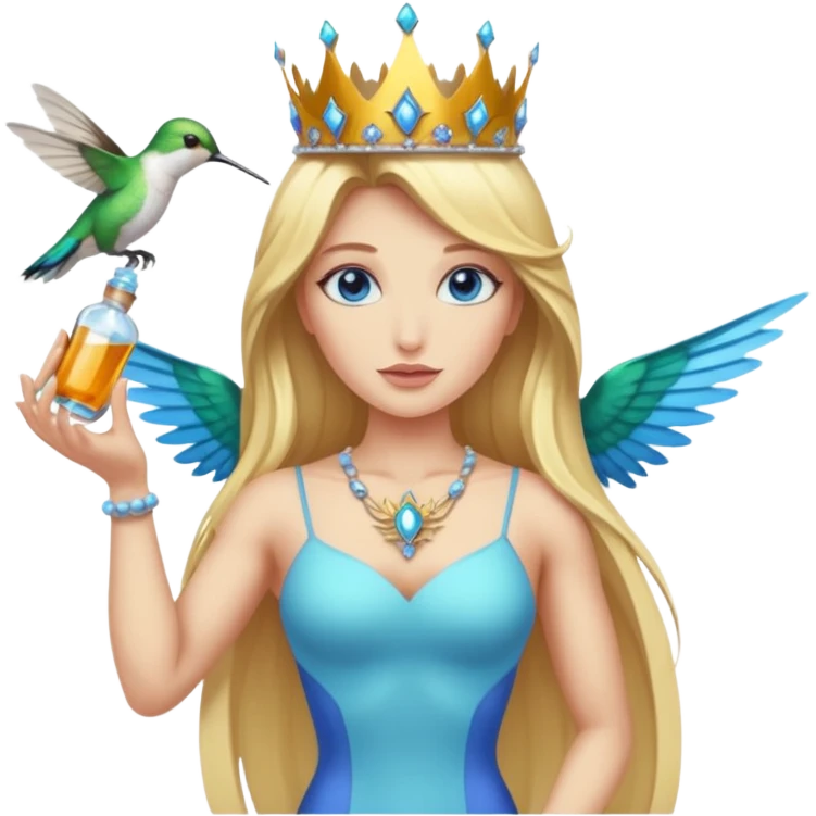 full body woman long blonde hair blue eyes white skin muscular build hummingbird crown and nectar flask emoji