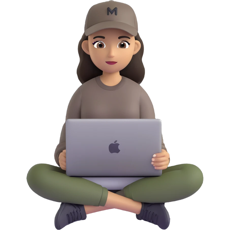 A professional 3D avatar of a young woman with olive skin and long, dark brown hair, wearing a dark, long-sleeved dark taupe shirt and a black baseball cap. She's sitting at a sleek wooden desk, typing on a silver MacBook. emoji