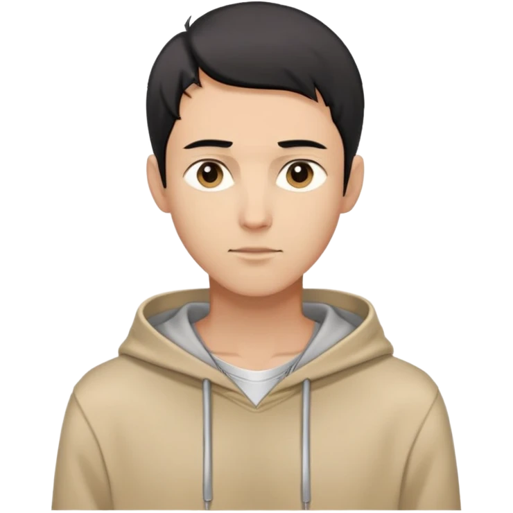man with short black hair, slender build, light brown hoodie over white inner garment, silver necklace, calm demeanor, gentle expression, looking straight ahead emoji