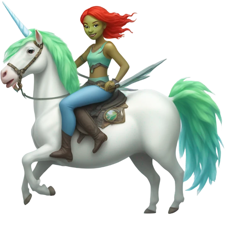 [(a light green Amazon alien woman with red hair with blue eyes) on a (four-legged white unicorn)] emoji