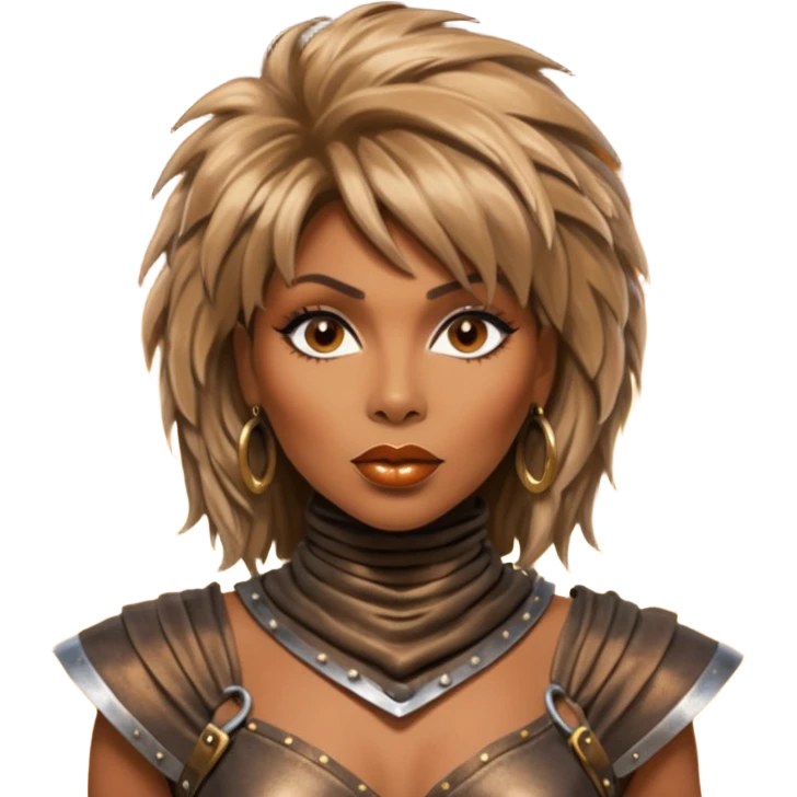 Solarpunk solar aesthetic shiny glowing divine lighting - portrait of Tina Turner in costume from the movie Mad Max Beyond Thunderdome, dramatic backlit by bronze spotlights emoji