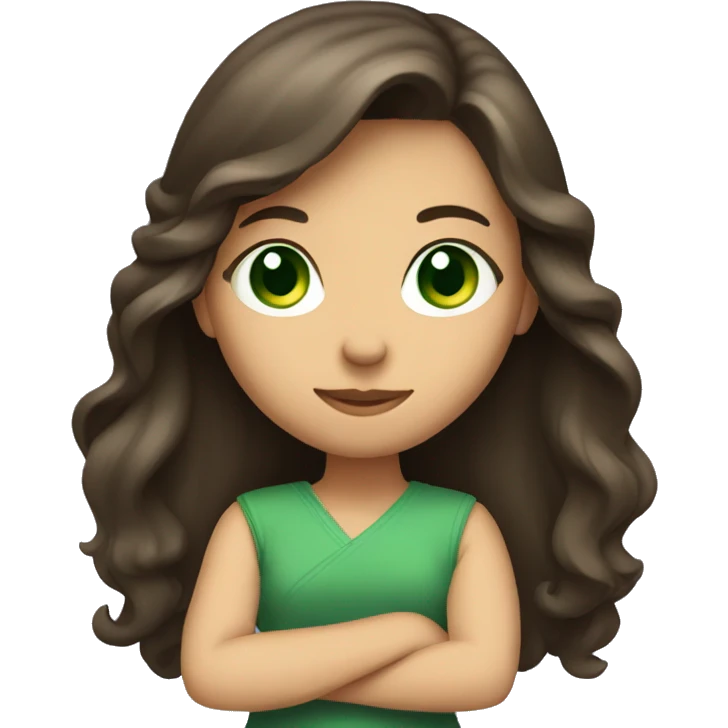 A long hair brunette girl with green eyes crossing her arms emoji