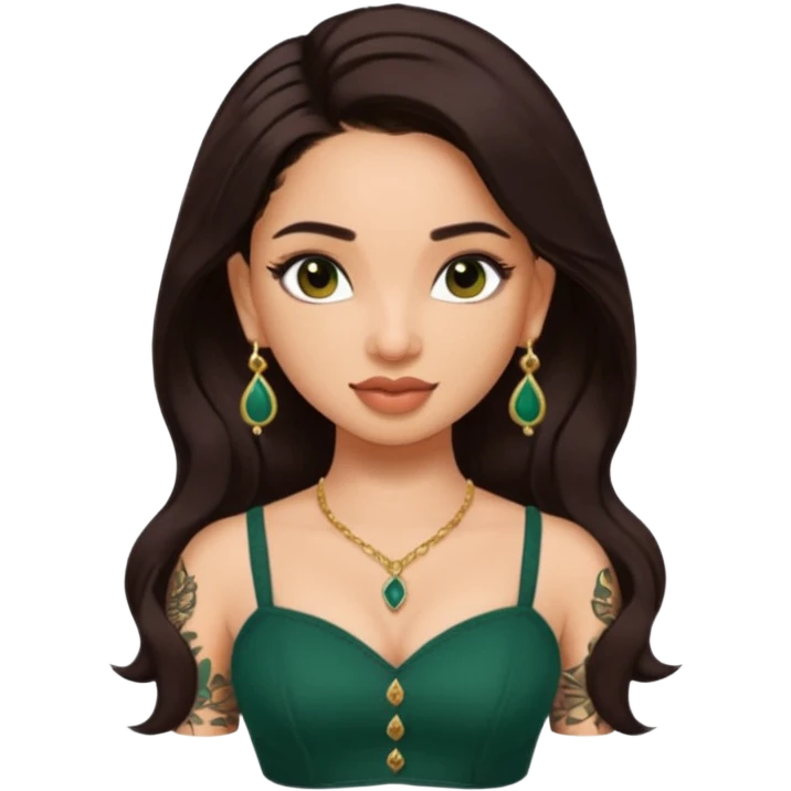 pretty bratz genmoji that looks like tamannah bhatia (bollywood actress), wearing a dark green sweetheart neckline top, dark brown hair, light makeup, no necklace, dangly earrings, side hair part, dark brown eyes, with full tattoos emoji