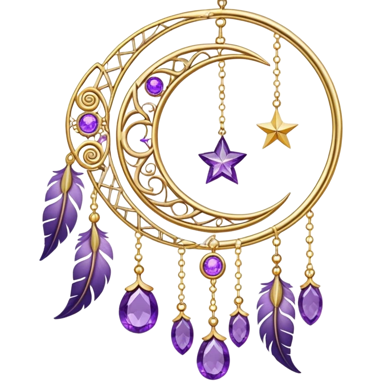 Epic beautiful gorgeous cute gold suncatcher, threads with shiny sparkly amethyst gemstones, flowers, crescents-moons, stars, violet Feathers  emoji