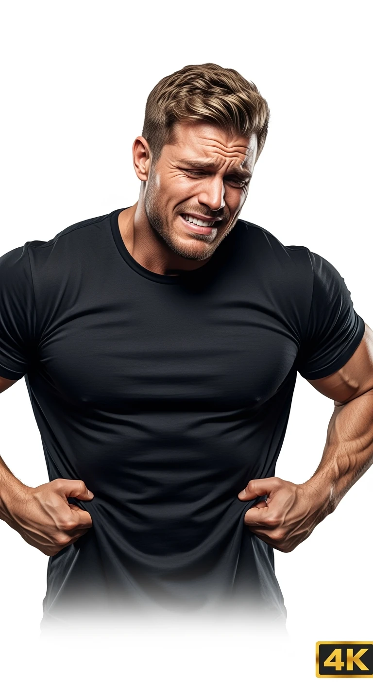 BODYBUILDER CHE SI INDICA I FIANCHI CON ESPRESSIONE AFFLITTA, ISOLATO SU SFONDO BIANCO, IPERREALISTICI 4K emoji
