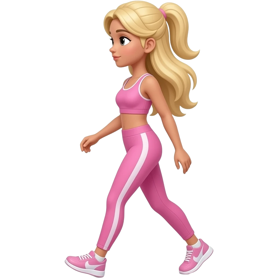 Apple emoji Long Blonde haired girl with tan walking left to right in pink activewear aesthetic soft lighting, simple emoji