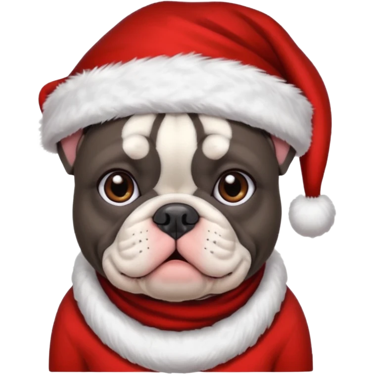 brunette woman with a dark grey French bulldog both wearing Santa emoji