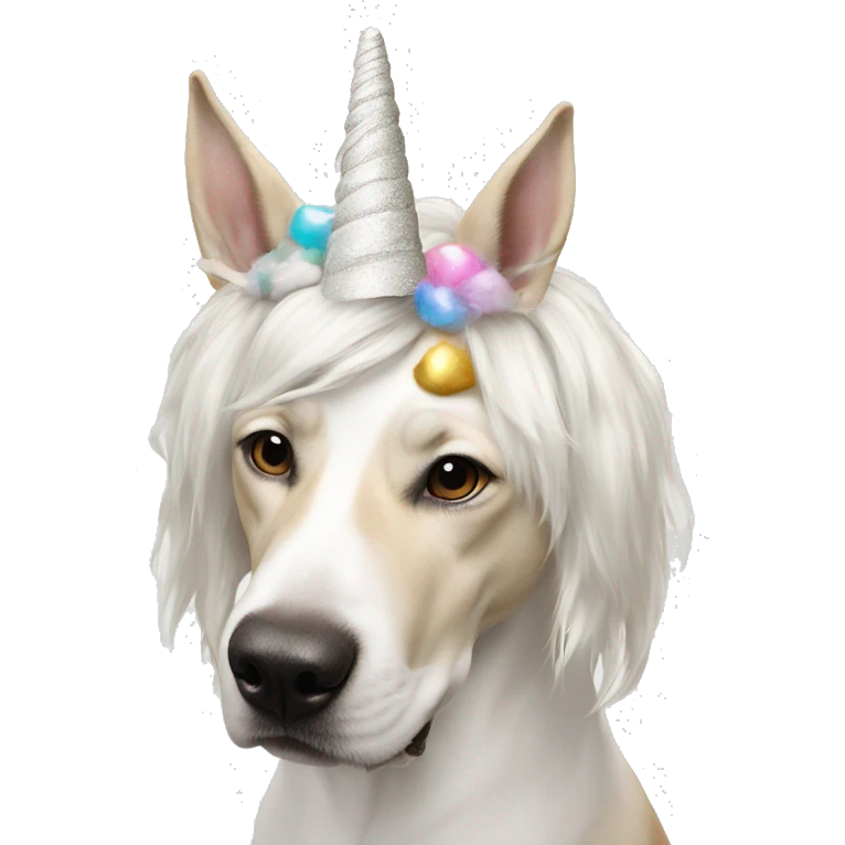 Dog with unicorn horn headband on sniffing white unicorn dust emoji