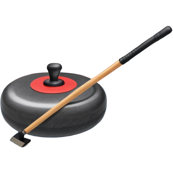 An icon featuring a curling stone in the foreground on an ice sheet with marked target circles. A curling broom rests nearby. In the background, a grand indoor stadium with bright lights and cheering fans. The ice reflects the vibrant colors of the surroundings. Transparent background. emoji