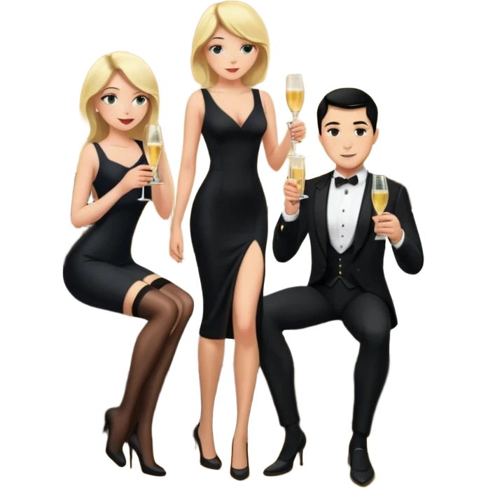 Blonde woman, black, Long, tight, sleveless Dress, Slot left Leg, stockings, man, DARK Hair, in Dinner jacket, Background bedroom, drinking champaign emoji