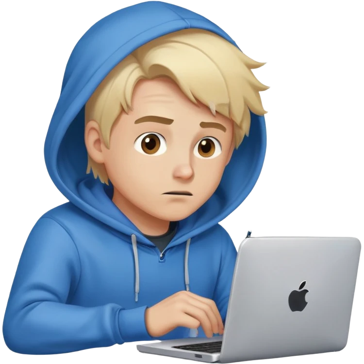 Expressive Blond man with brown eyes blue hoodie,coding, smoke coming from computer, cartoon style emoji