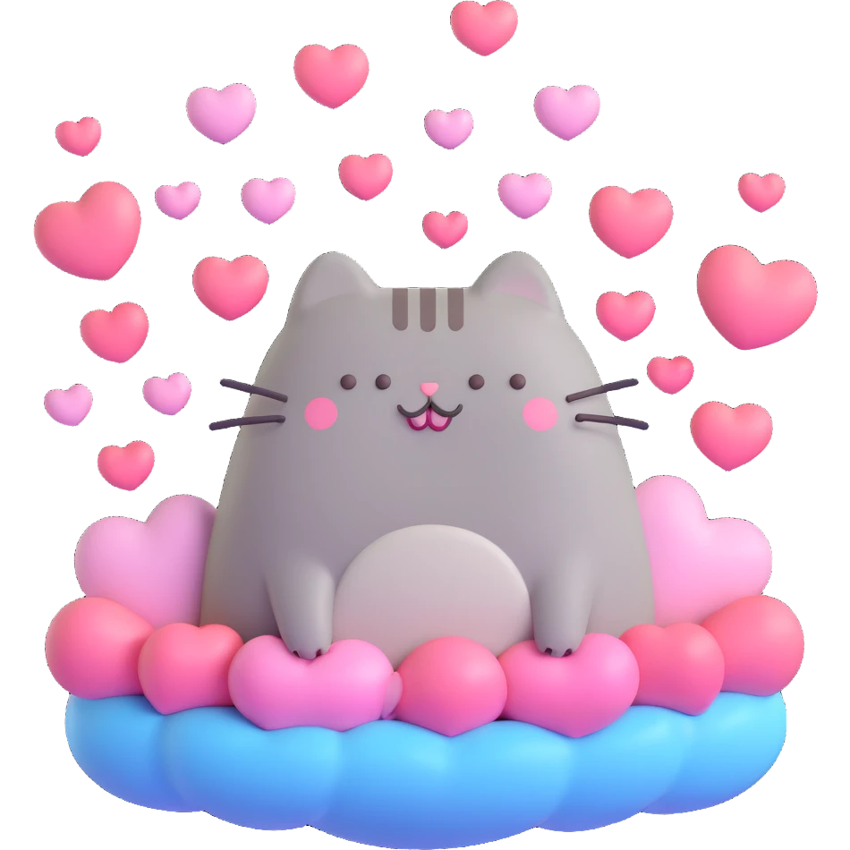 Pusheen surrounded by floating hearts, 3D, happy expression emoji