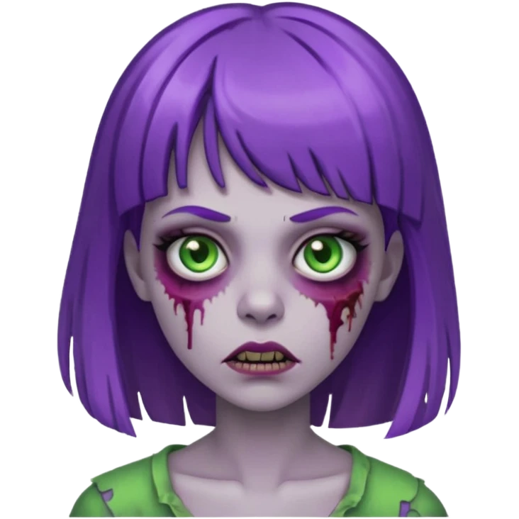 Zombie girl, with bangs above her eyebrows, purple highlights in her dark blonde hair, thin eyebrows. emoji