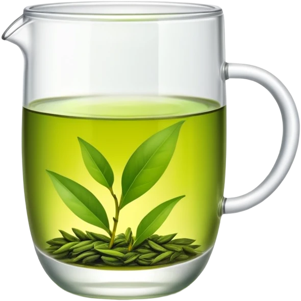 Green tea in traditional Chinese clear glass, fresh tea leaves, emoji style emoji