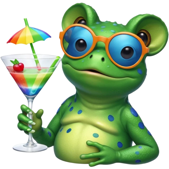 Bufo frog with blue sunglasses, sipping a rainbow cocktail, in bufo style, transparent background emoji