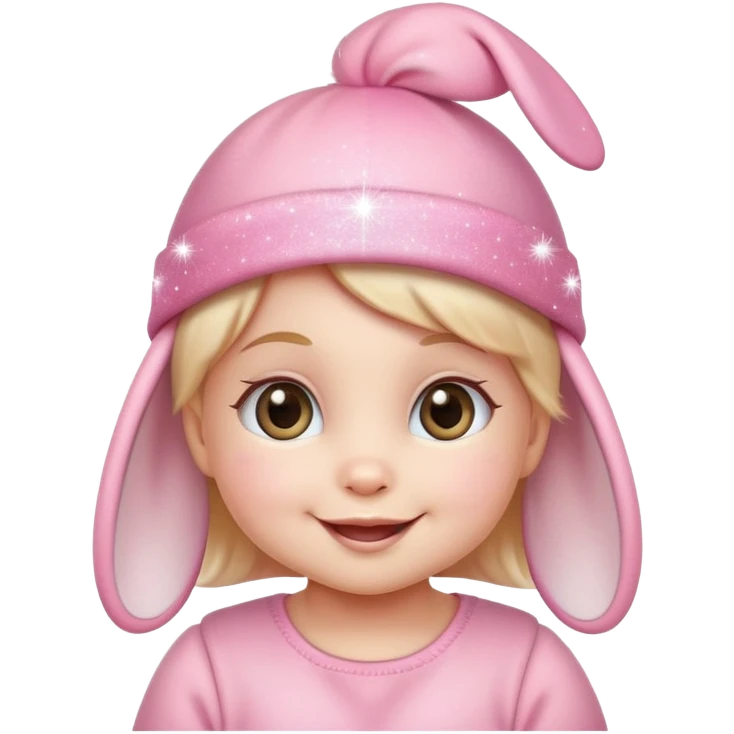 baby girl emoji, smiling with sparkles, pink bunny hat emoji