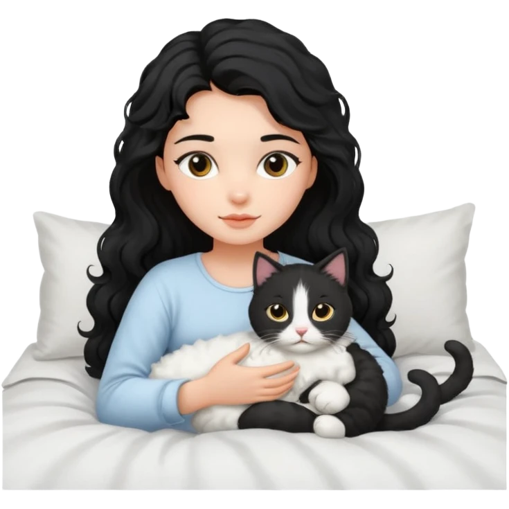 angelic black wavey hair girl in the bed with her cat emoji