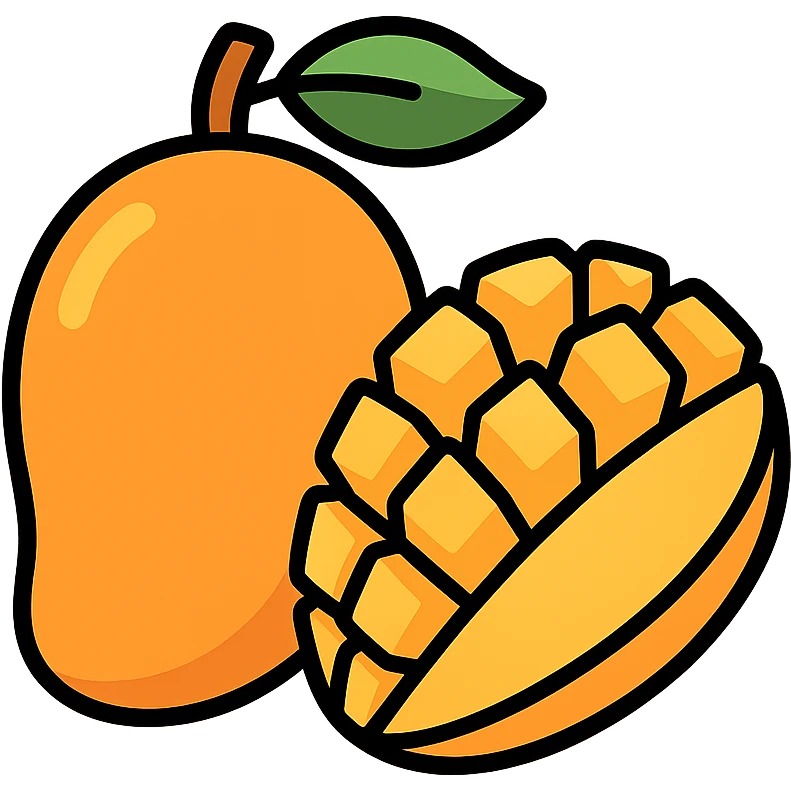 flat vector mango illustration, one whole mango and one sliced half in hedgehog style, no face, no eyes, clean minimal design, white background, high resolution, no background elements emoji