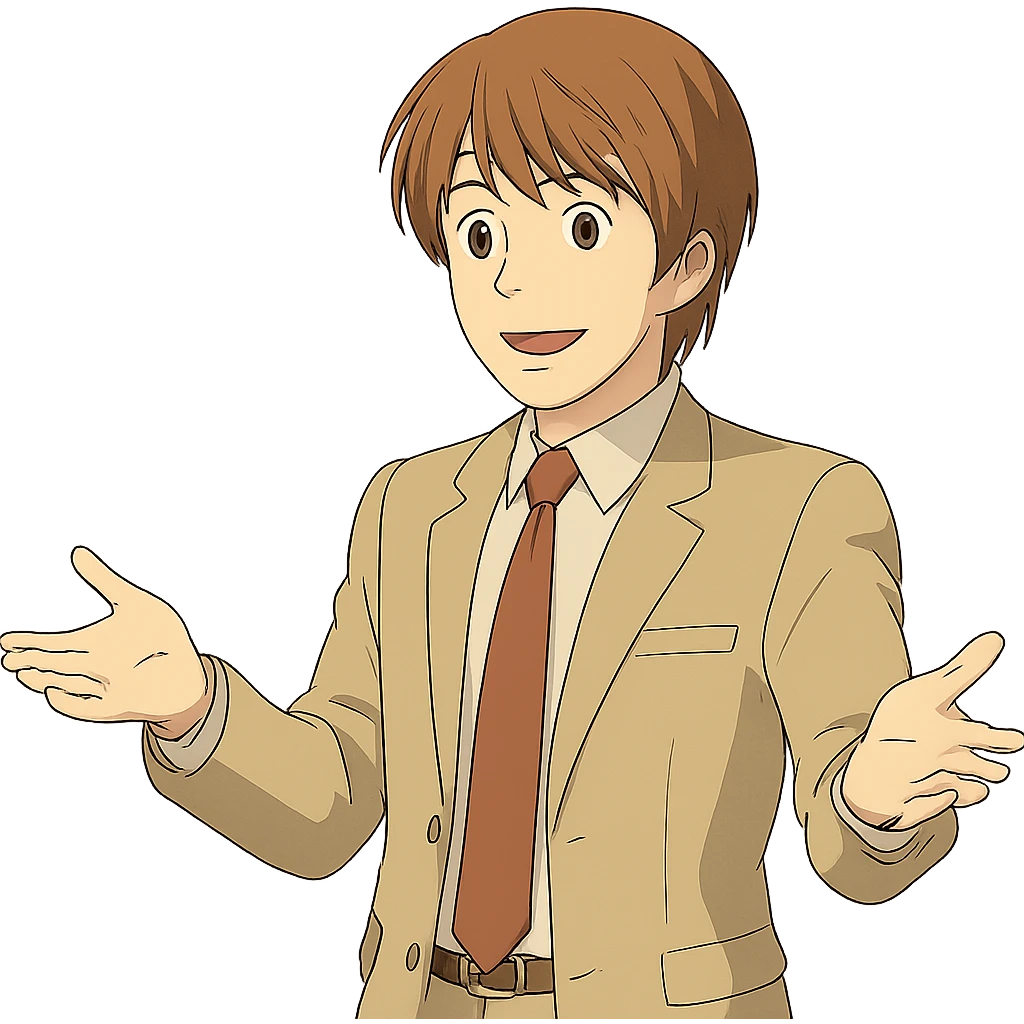 Create an exact Light Yagami in Ghibli style, standing with both hands open in a welcoming gesture, wearing the same suit, with the same confident expression, transparent background. emoji