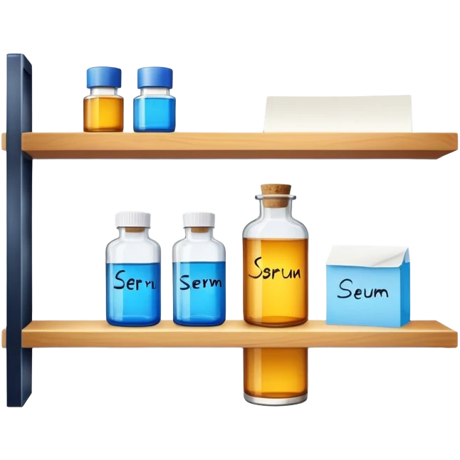 serum bottle on a shelf with a sticky note emoji