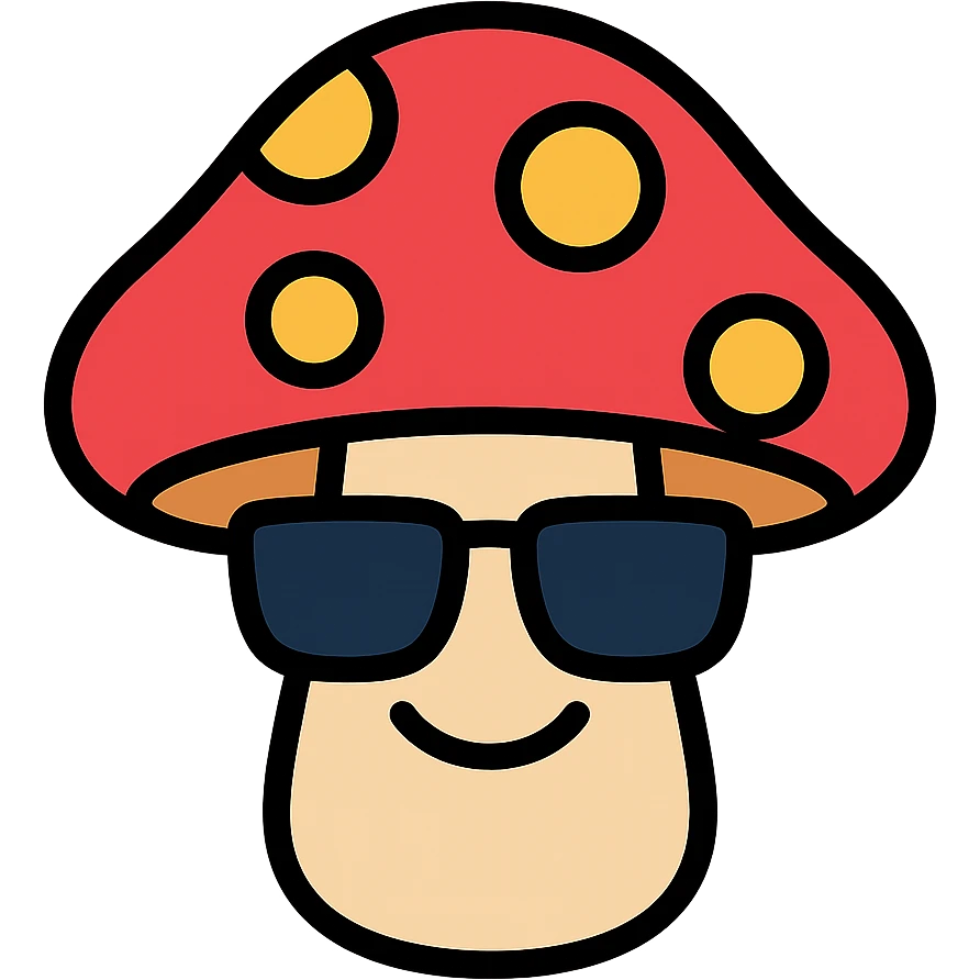 colorful icon of a mushroom with sunglasses and a smile emoji