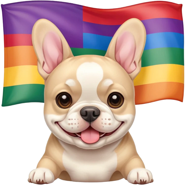 Cream French Bulldog infront of a pride flag emoji