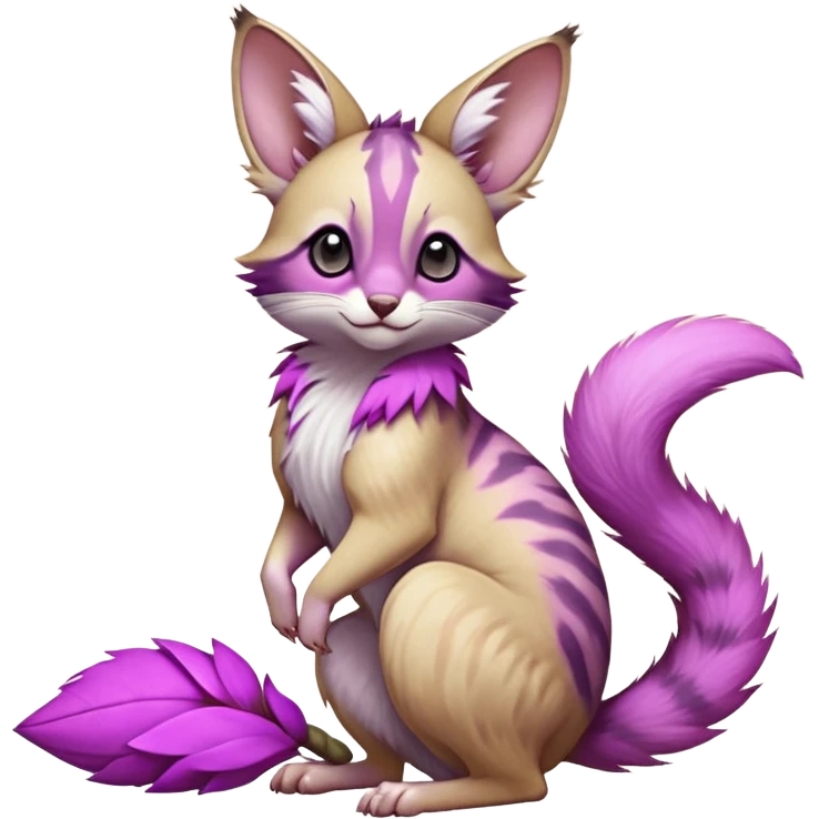 Magenta, purple-pointed, soft realistic romantic vintage antique divine beautiful elegant pretty precious cute young youthful  Fakémon-Pokémon-opossum-feline-mouse-serval-caracal-chinchilla-Minccino-Cinccino-Meowstic-rodent-hybrid-creature with a big fluffy bushy tail (full body) emoji