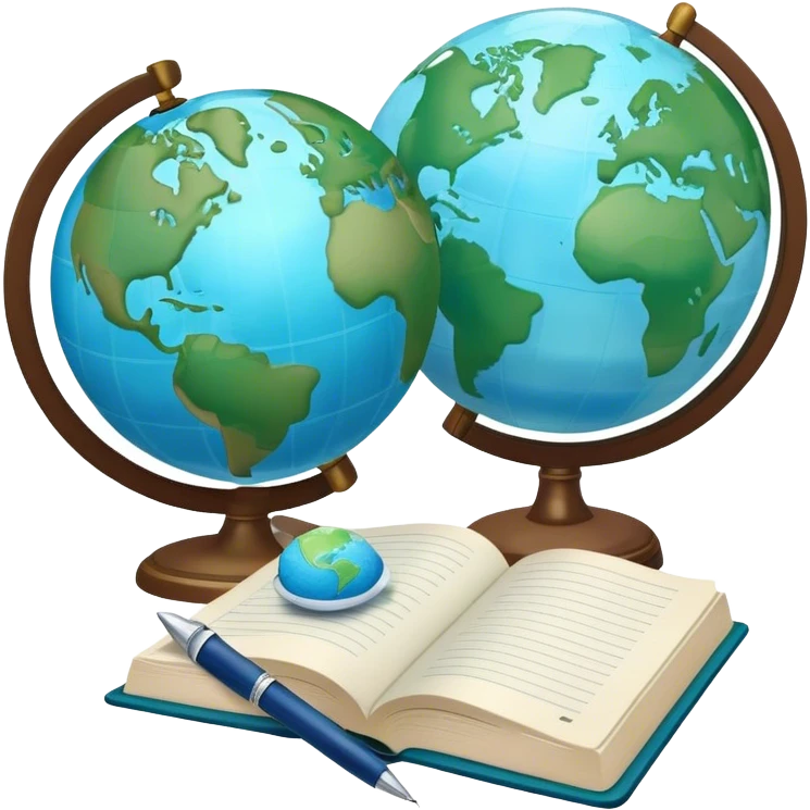 Create an emoji representing language translation. The design should feature a globe in the background, symbolizing international communication. In front of the globe, place two books or sheets of paper with texs on them and a pen nearby to indicate the act of writing. Use a clean and professional color palette with blues, greens, and neutral tones. Make the background transparent. emoji