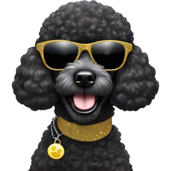 Two BLACK poodle wearing sparkling sunglasses with a big smile. Also with a bandanna around its neck. Dog needs to be all black emoji