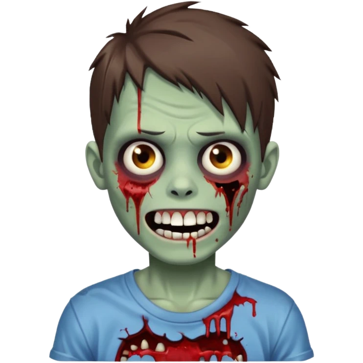 zombie boy with medium-length brown hair, white skin, and white eyes; an open smile, and bloodied teeth; emoji