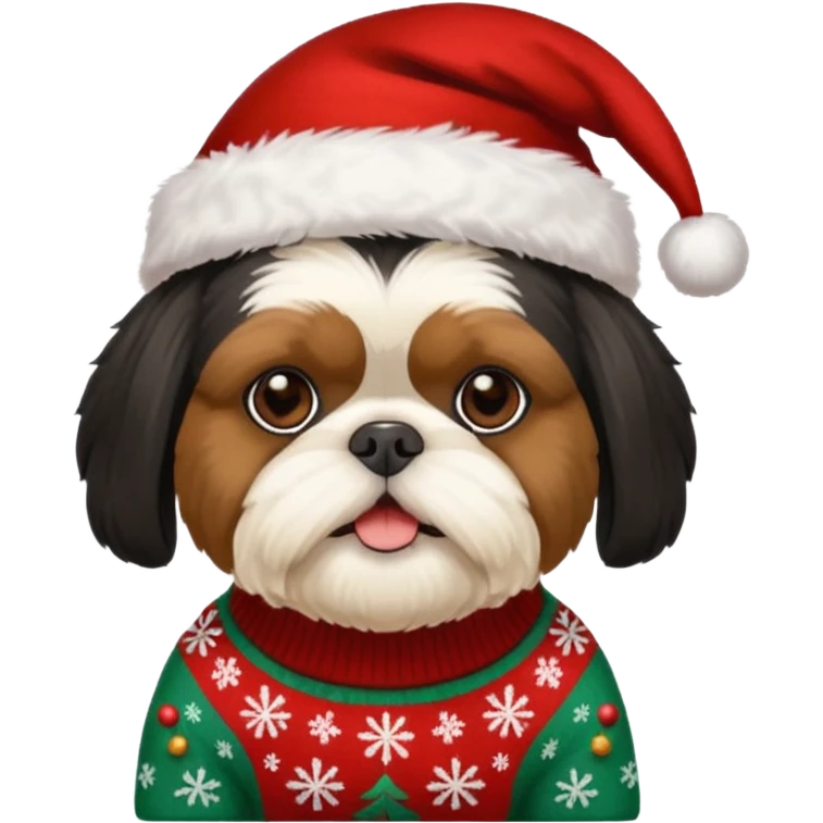 ALL BLACK FACE AND BODY SHIH TZU WITH CHRISTMAS SWEATER AND HAT emoji