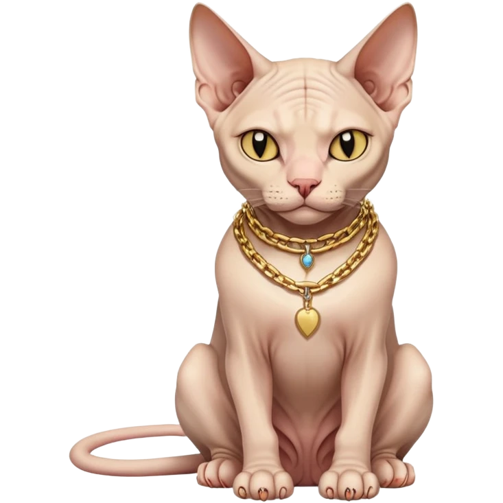 Sphynx cat full body sitting with a gold chain, one eye closed emoji