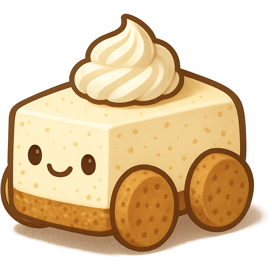 a tiny cheesecake car with graham cracker wheels, creamy cheesecake body, playful and cute, dessert-inspired emoji