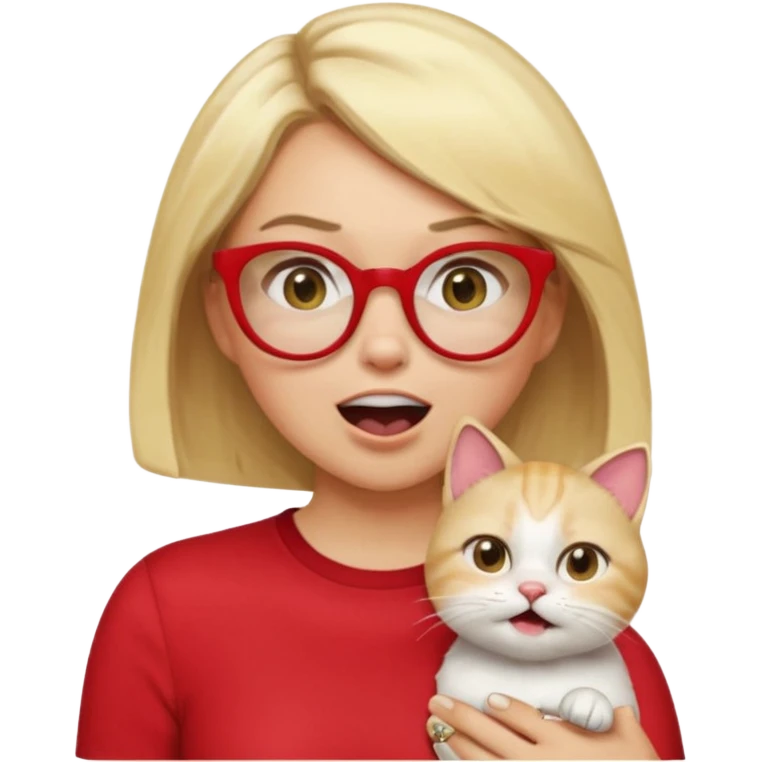 emoji style, waist-up woman with light skin, blonde bob hair, white cat-eye glasses, red shirt, hand cupped tightly around her mouth, hand very close to face as she shouts forward, excited expression, simple background emoji