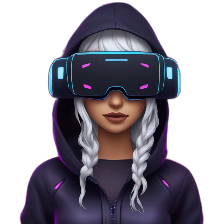 Daenerys Targaryen wearing a black hoodie with "OMG" letters on it and VR headset in a cyberpunk VR environment with violet neon lighting. emoji