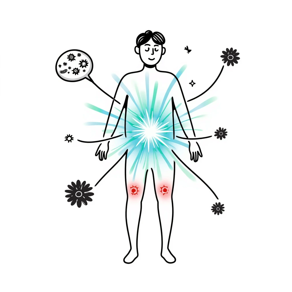 Conceptual medical illustration showing anti-inflammatory process: human body outline with glowing joints, blue and green healing energy radiating, red inflammation areas being neutralized, small view of calming immune cells, clean clinical aesthetic with futuristic medical background emoji