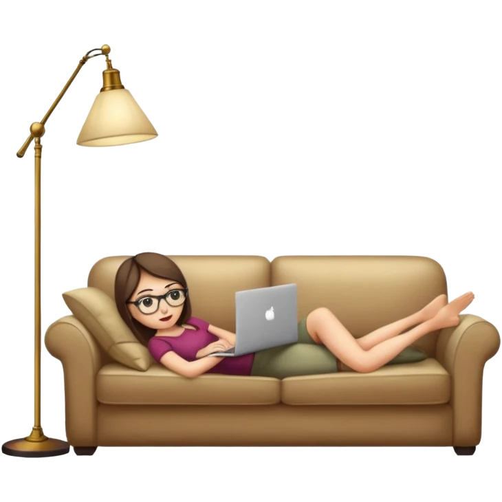 A girl is working with a laptop while lying on a sofa, with a floor lamp to the right. emoji
