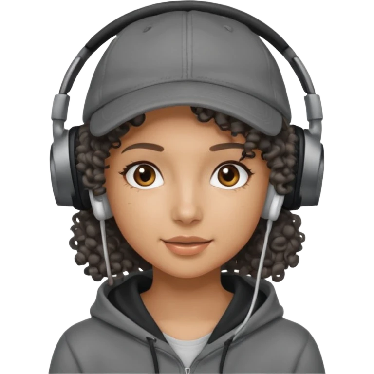 curly haired with headphones in and hoddie girls with cap emoji