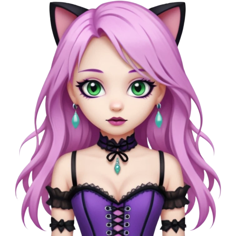 pretty scary girl, long straight LIGHT pink HAIR, jade kitten eyes, black eyeliner, pale skin, purple corset clothes with laces emoji