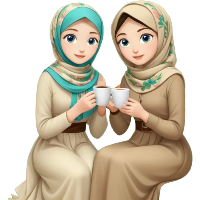 Turkish beautiful finish Konya girls blue eyes with Beautiful beige green floral hijab long tail dress and the two friends in a lovely garden sits on the chair on the ground and holds cup coffe with her hand  emoji