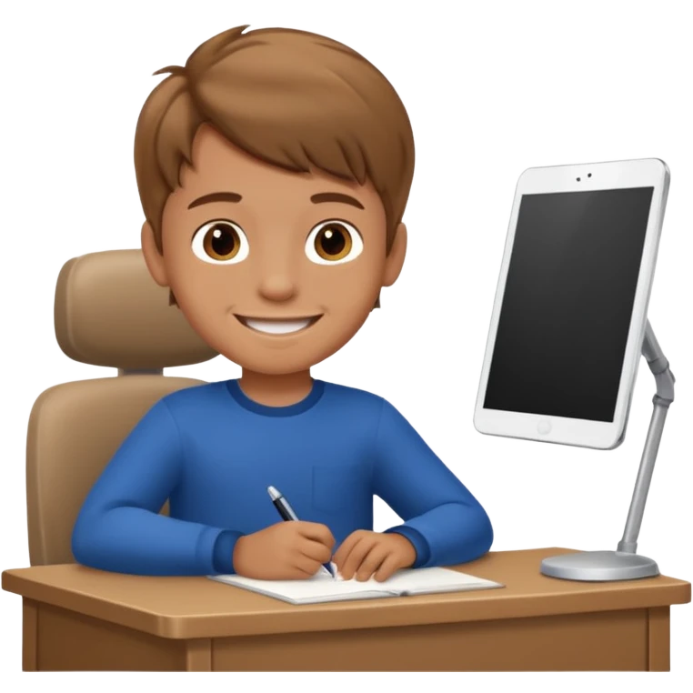 Little nice boy straight a student light brown hair tan skin sitting in desk with a big smile emoji