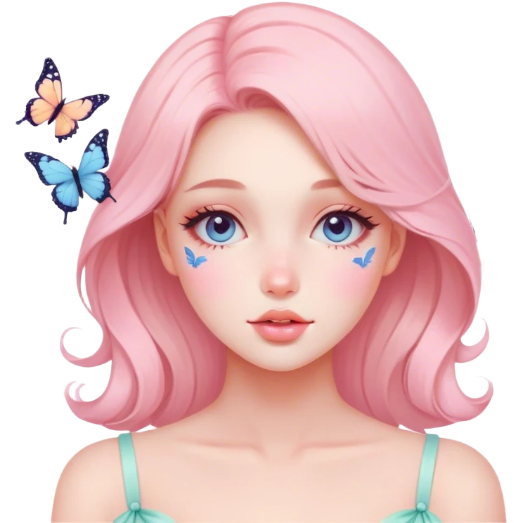 Gorgeous pastel lady with blushing face and butterflies aesthetic trending style emoji