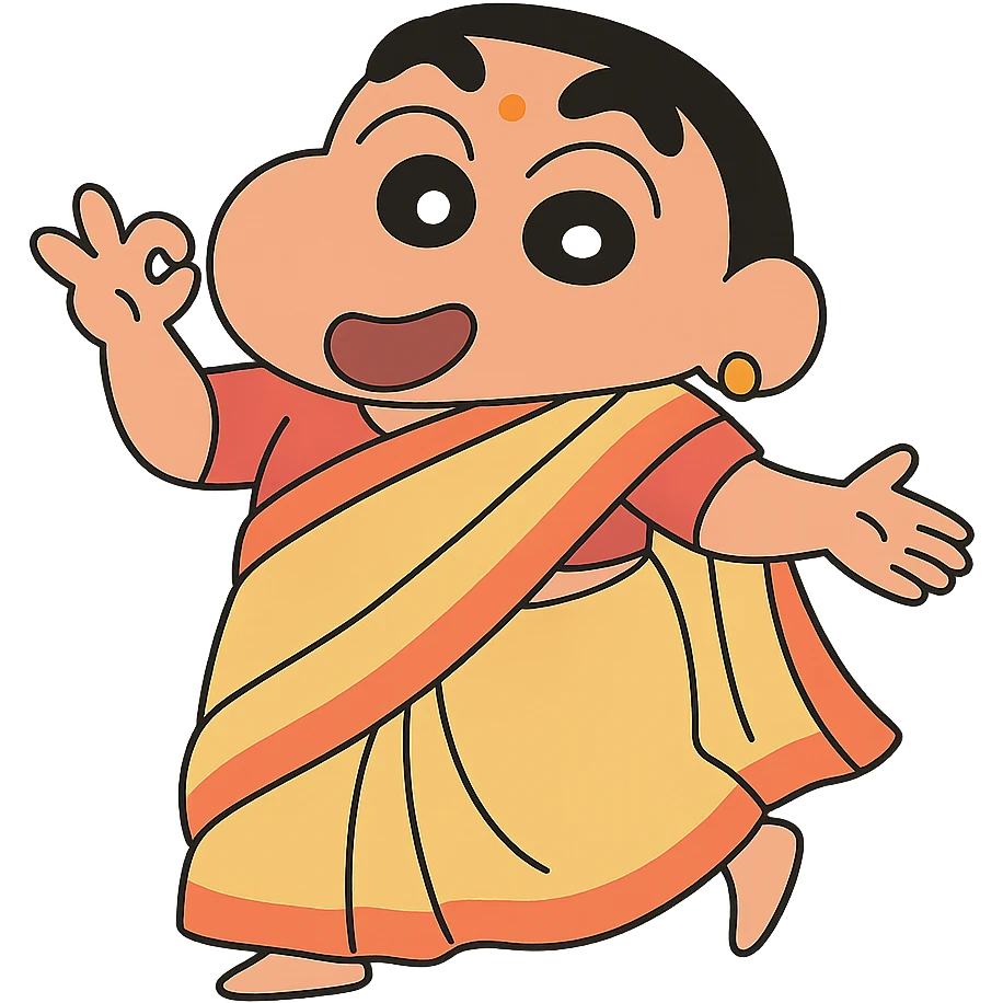 Shinchan in a traditional Indian saree, playful pose, pastel colors emoji